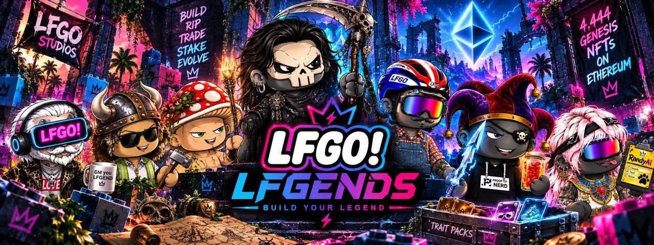 LFGENDS characters gather in a neon brick city. Build your legend.